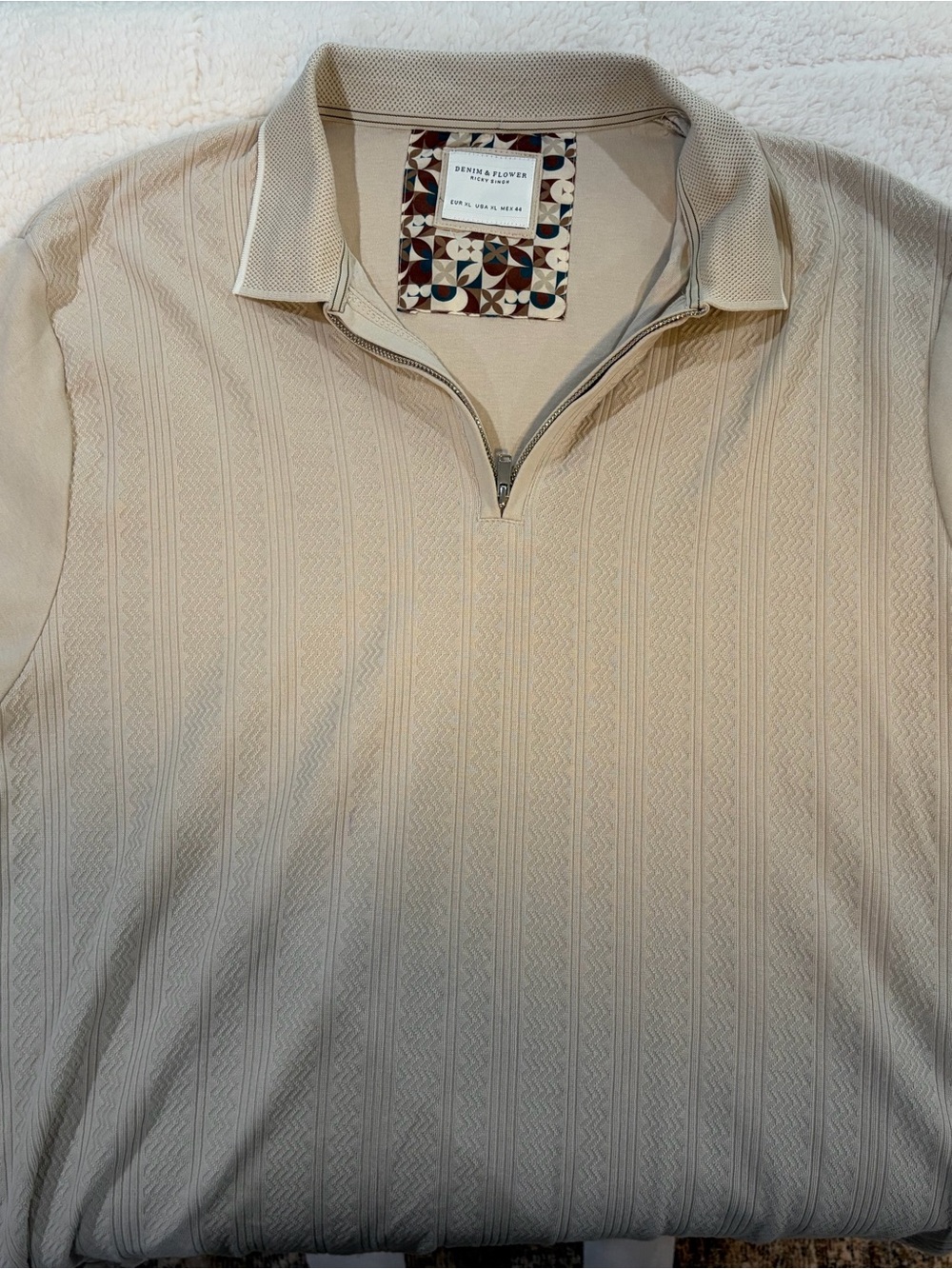 Denim & Flower Beige Zip-Neck Polo